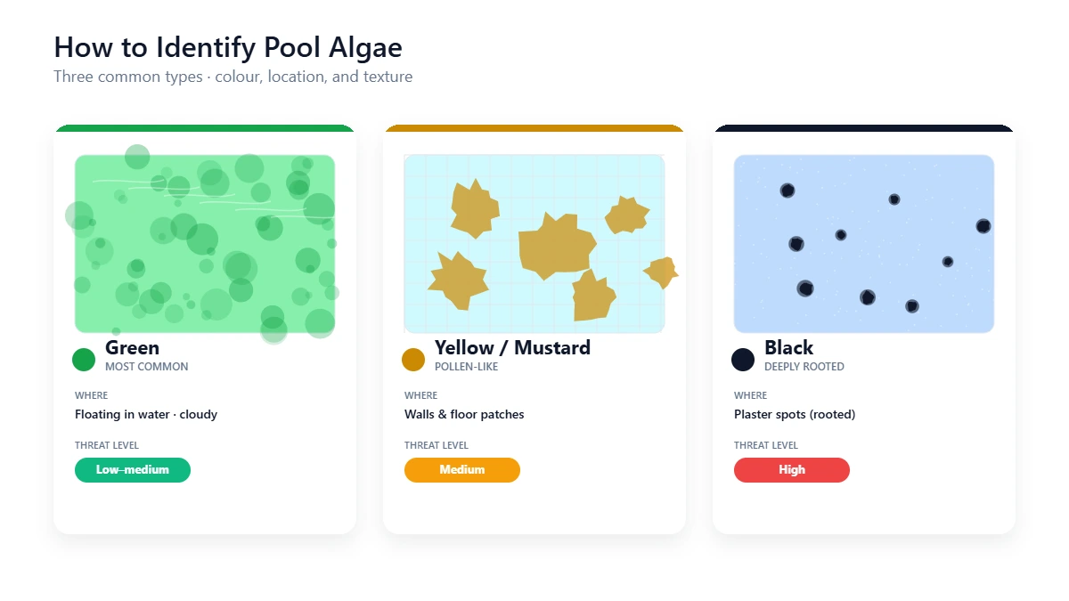 Visual identification guide comparing green, yellow/mustard, black, and pink algae types in pools