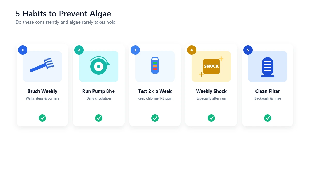 Circular diagram showing five essential habits that prevent pool algae: circulation, filtration, sanitation, testing, and brushing