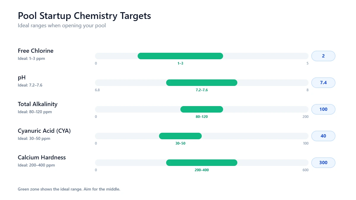 Dashboard showing target chemical ranges for spring pool startup: alkalinity, pH, CYA, calcium hardness, and chlorine