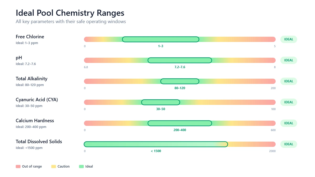 Color-coded chart showing ideal ranges for all pool water chemistry parameters: pH, chlorine, alkalinity, CYA, calcium hardness