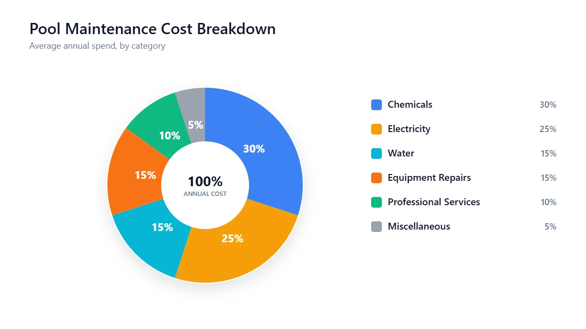 Annual pool maintenance cost breakdown showing chemicals, electricity, water, equipment, and professional service expenses