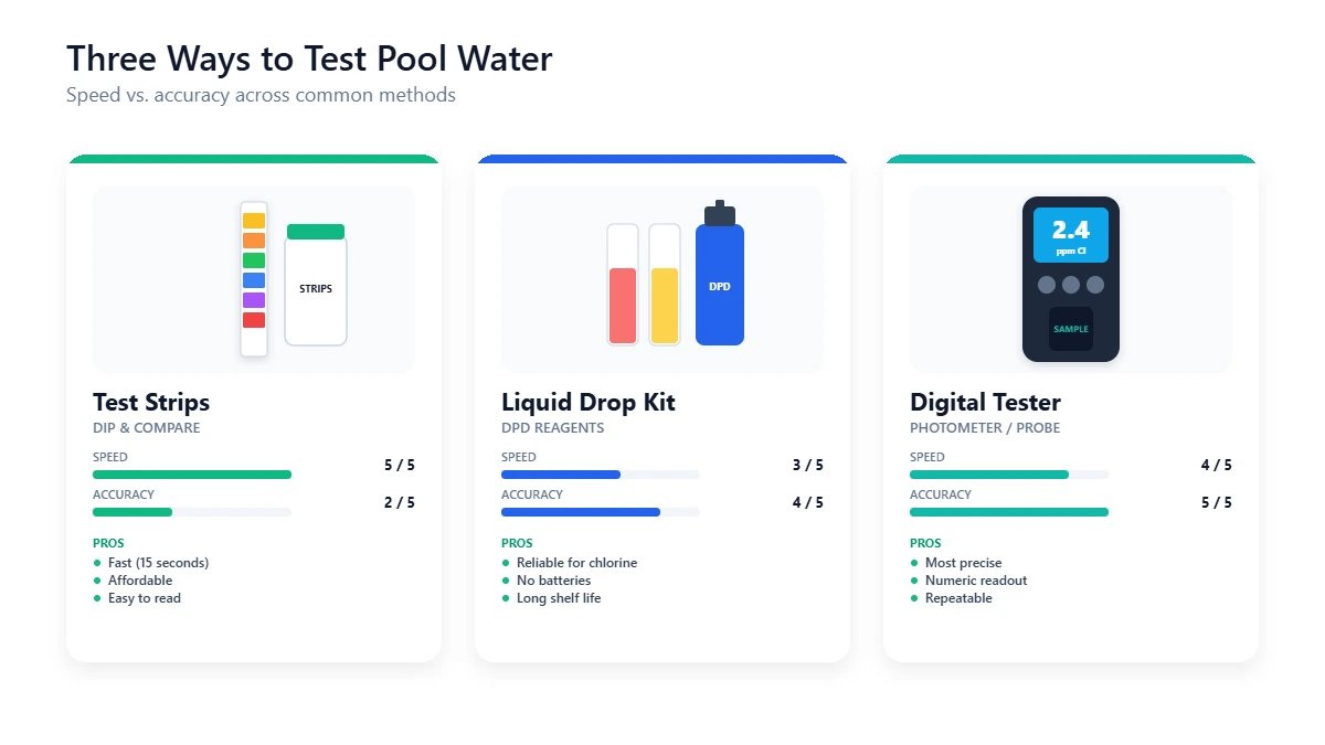 Comparison chart of pool water test methods: test strips, liquid drop kits, and digital testers with accuracy and cost ratings