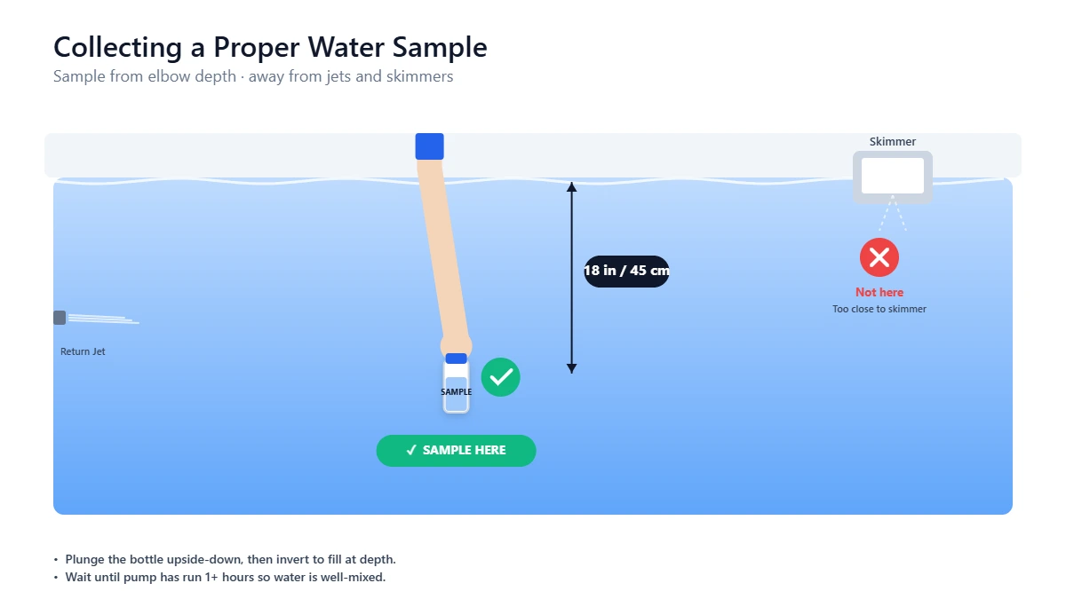 Diagram showing proper pool water sampling technique — elbow-depth collection away from returns and skimmers