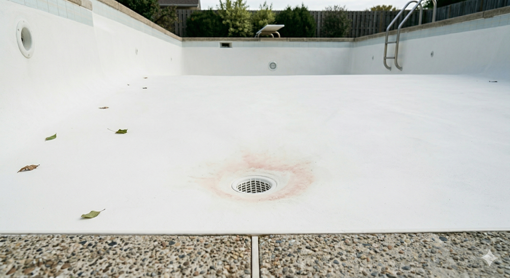 A pool owner inspecting a brown stain on the bottom of a swimming pool